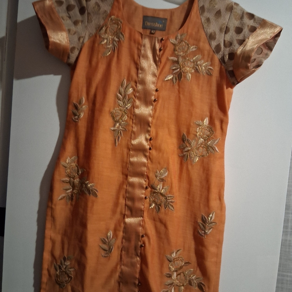 Dressline 42 Orange Embroidered Kurti Tunic with Gold Accents
